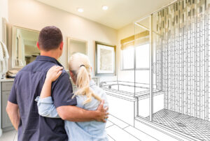 Middle aged couple imagining bathroom remodeling