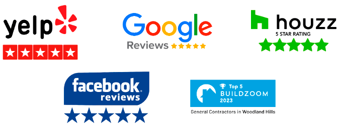 5 stars on Google, Houzz, Facebook, Yelp, BuildZoom